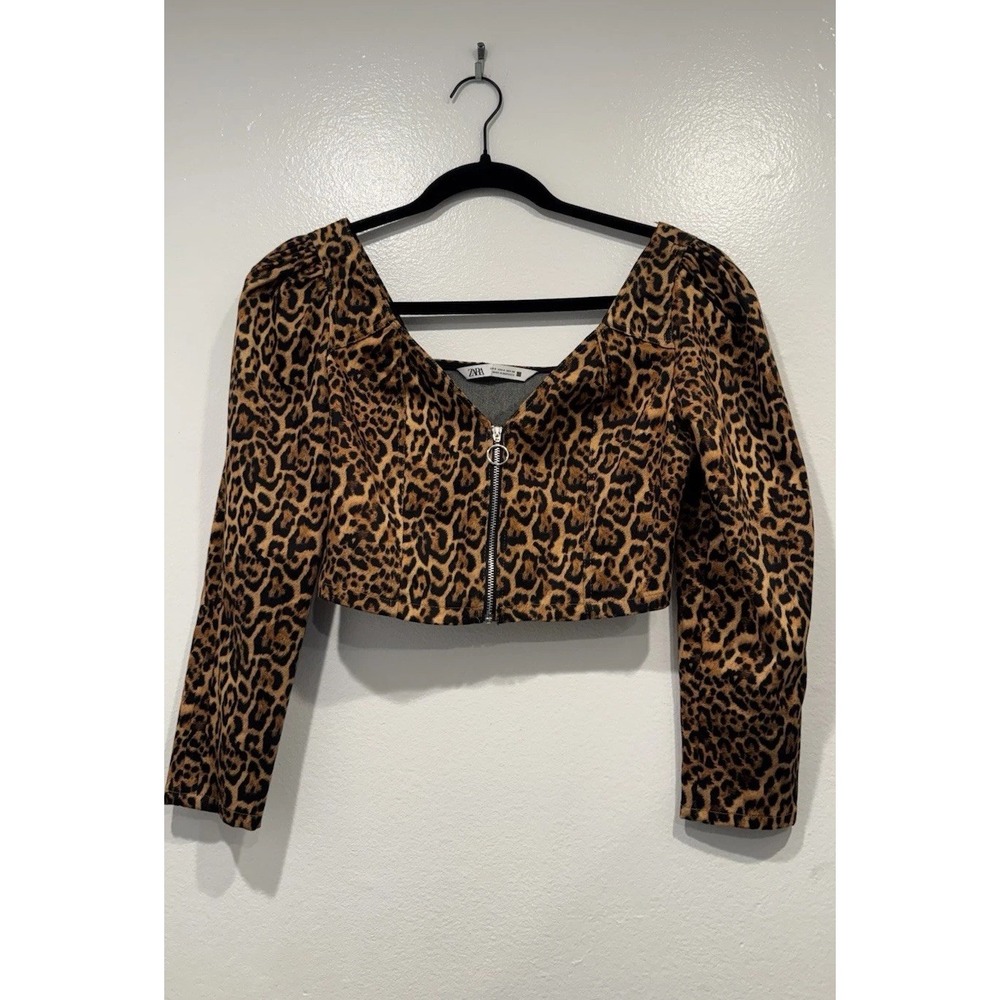 Zara Cropped Cheetah Print Top Size Small Front Zip Sexy Festival Costume Retro